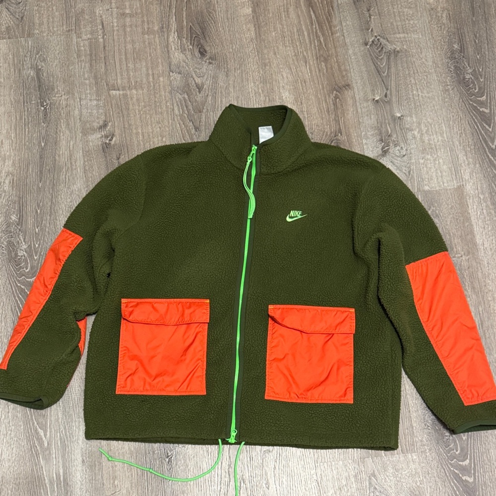 Nike Olive and Bright Orange Fleece Puffer Jacket